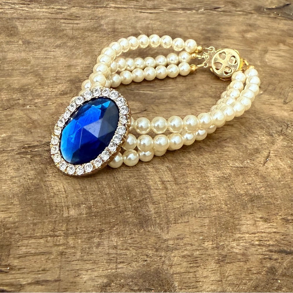 Large Multi Strand Faux Pearl and Blue Stone Costume Fashion Bracelet - Picture 2 of 9